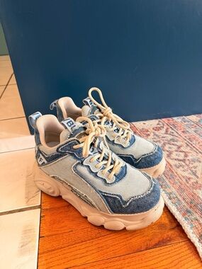 Buffalo Chunky Denim Lace-Up Sneakers in Light Blue